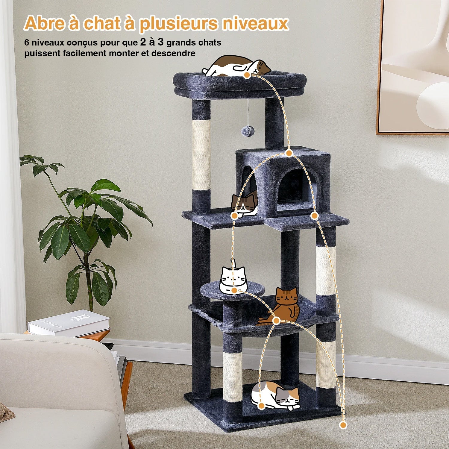 Arbre à Chat Auro 143 cm | Hamac XL + 5 Niveaux + Sisal | universpet